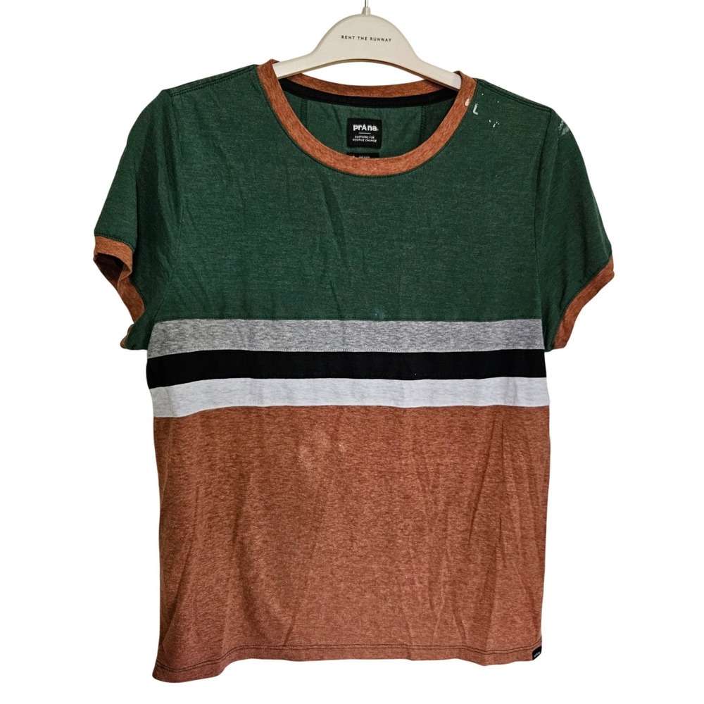 Prana Womens Colorblock Ringer Tee Green Orange Striped Short Sleeve *READ L